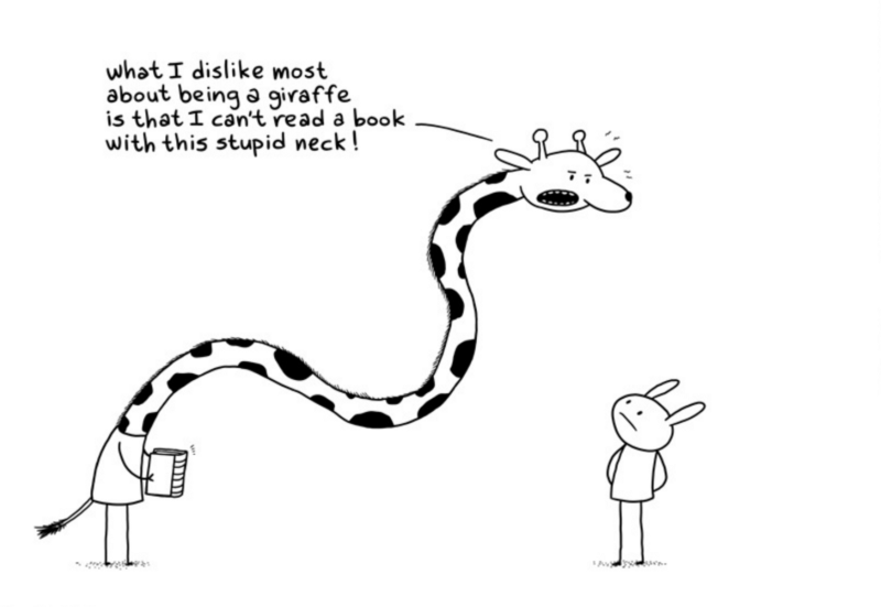 A giraffe with a very long neck holds a book and explains how it is very hard for them to read.
