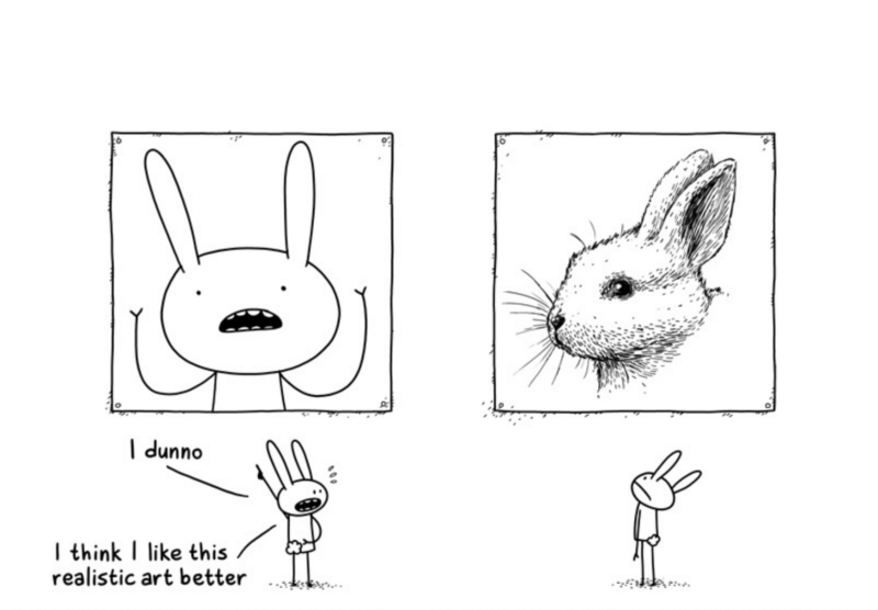 Two bunnies observe two paintings at an art gallery. One shows realistic version of the bunny, as the are drawn in this image, and the other one shows more complex version of a bunny.